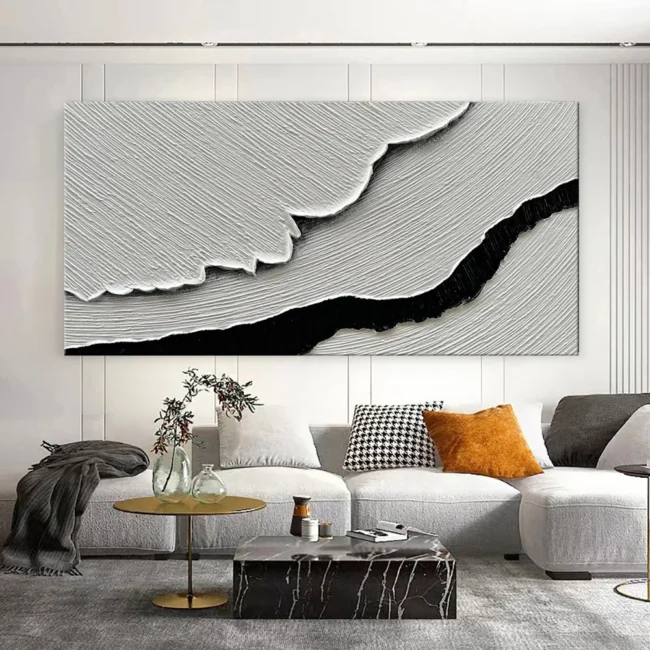 Black White Sea Waves Abstract Paintings Hand-painted Wall Art Horizontal Oil