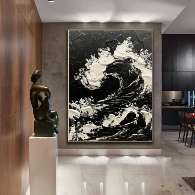 Large Size Contemporary Hand-painted Black White Sea Waves Abstract Picture