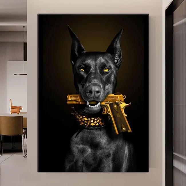 Black Doberman Dog Lion Holding Pistol Poster Art Paintings