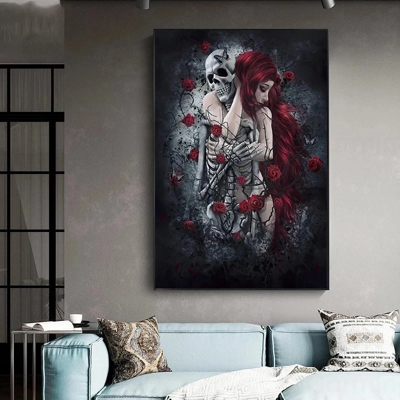 Skull Wall Art Painting Red Rose Canvas Picture Long-Haired Woman Poster and - Image 4