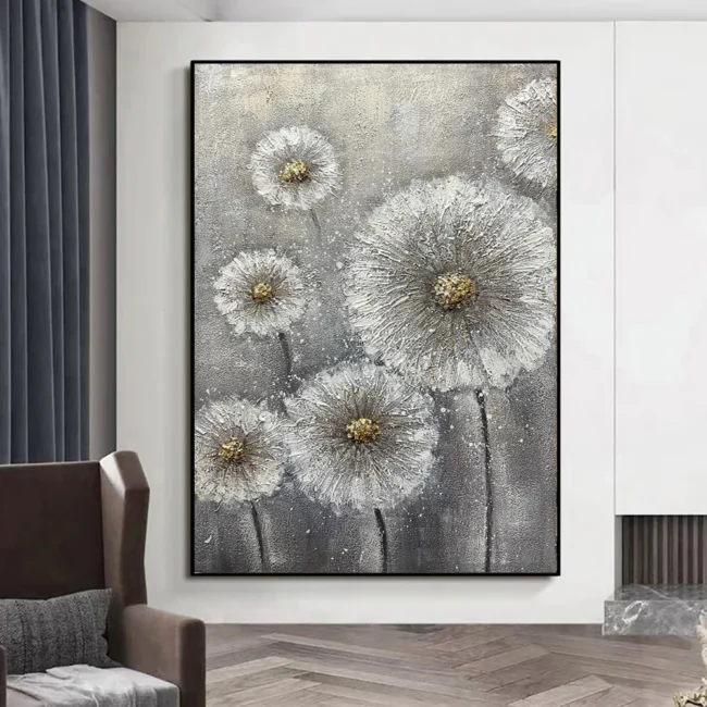 Real Handmade Texture White Flower Plant Grey Canvas Oil Paintings Large Wall