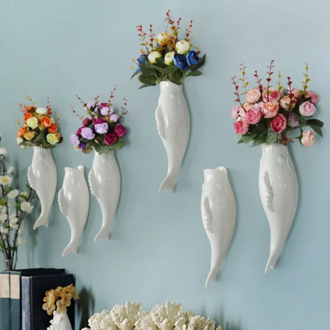 Simple Modern Creative Wall Ceramic Goldfish Vase Restaurant Mural Hanging