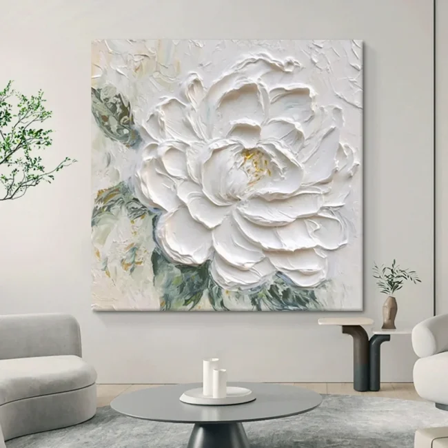 Cream Wind White Peony Flower Thick Texture Hand Drawn Oil Painting Hanging