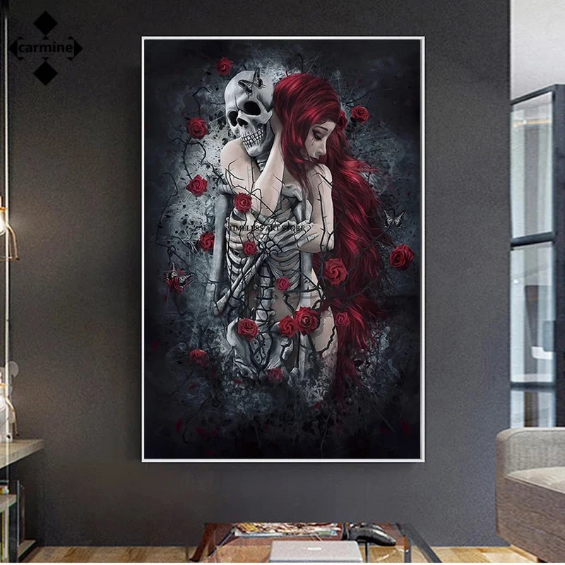 Skull Wall Art Painting Red Rose Canvas Picture Long-Haired Woman Poster and - Image 3