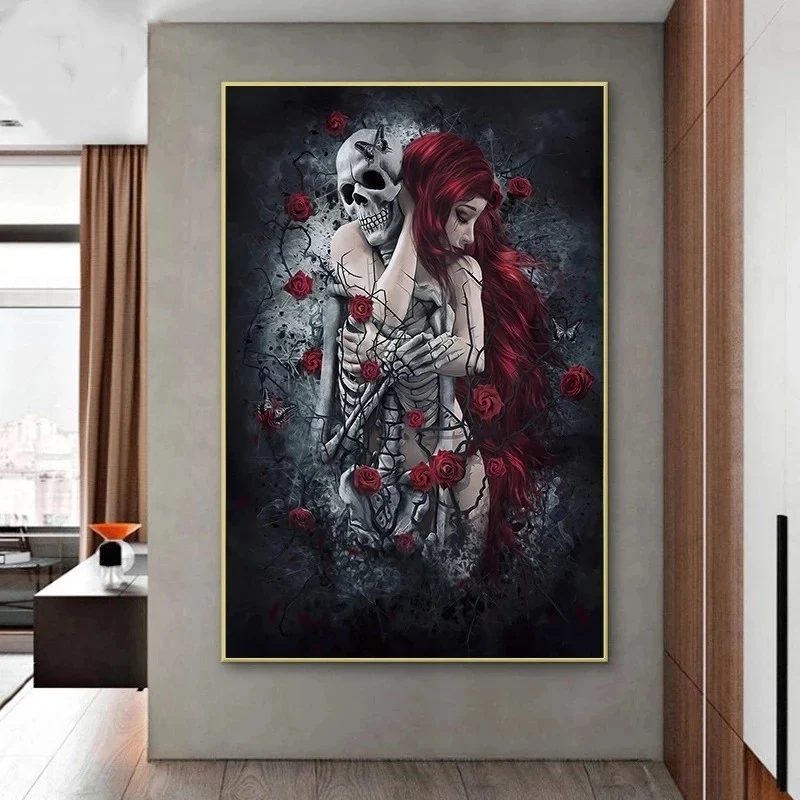 Skull Wall Art Painting Red Rose Canvas Picture Long-Haired Woman Poster and