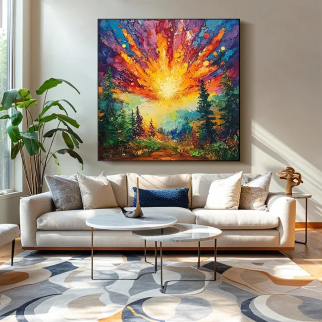 Hand-painted Oil Paintings Sun Rises In The Deep Forest Shining With Brilliant