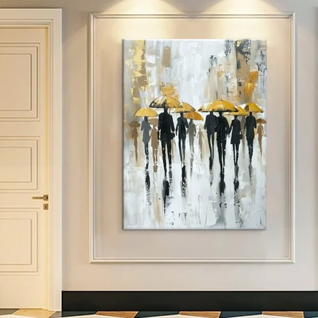 Hand-Painted Oil Paintings On Canvas Abstract Rain Street Pedestrian Painting